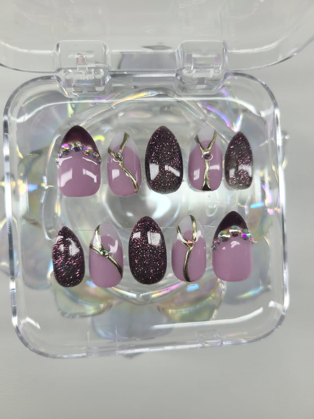 Size-Small-Press-On Nail Set — Mauve Pink with Glitter & Gold Accent